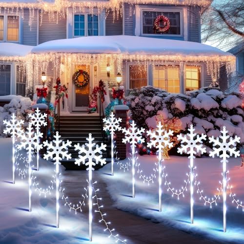 10 Pcs Christmas Snowflake Pathway Stake Lights for Outdoor Yard, 370 Bright LEDs Waterproof Large Christmas Snowflake Light Decoration for Garden Lawn Driveway Walkway Decor(Cool White) - Image 6