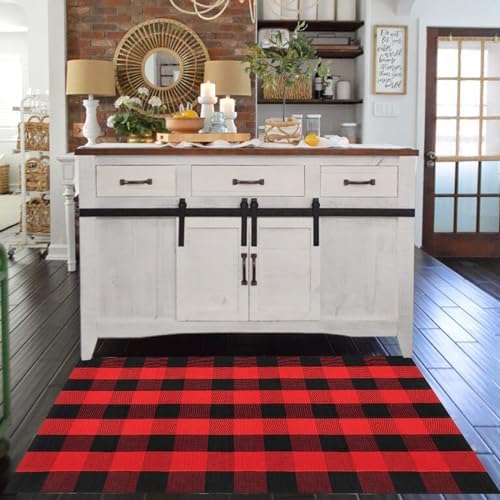 Christmas Door Mat Outdoor 35.4''x59'' Buffalo Plaid Christmas Decor Rug Cotton Hand-Woven Layered Door Mats Washable Carpet for Front Porch, Kitchen, Farmhouse, Entryway - Image 4