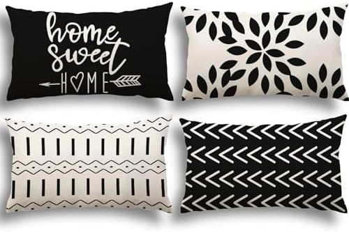 YCOLL Lumbar Pillow Covers 12x20 Set of 4, Modern Sofa Throw Pillow Cover, Decorative Outdoor Linen Fabric Pillow Case for Couch Bed Car, Black by PillowCoversExpert