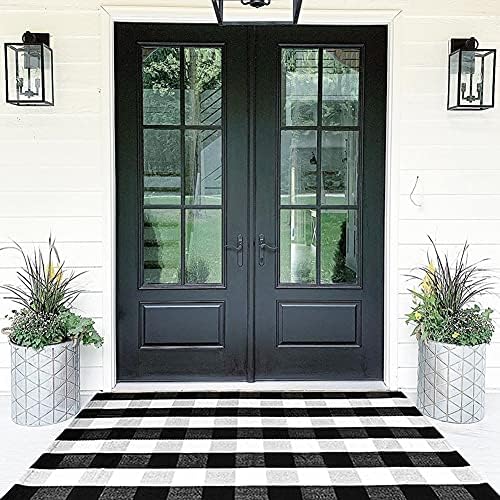 Buffalo Plaid Outdoor Rug 35.4'' x 59'' Black and White Front Door Mat Front Porch Rug Layered Welcome Door Mat for Front Porch Decor, Front Door, Farmhouse Decor,Entryway by CAINANEL