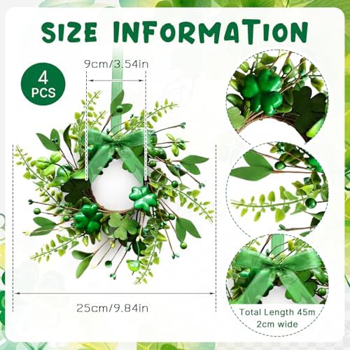 4 PCS Mini St. Patrick's Day Glitter Shamrocks Wreath for Front Door St. Patrick's Day Kitchen Cabinet Wreaths Decorations with Ribbon Small Lucky Green Irish Clover Berry Wreath for Porch Window - Image 4