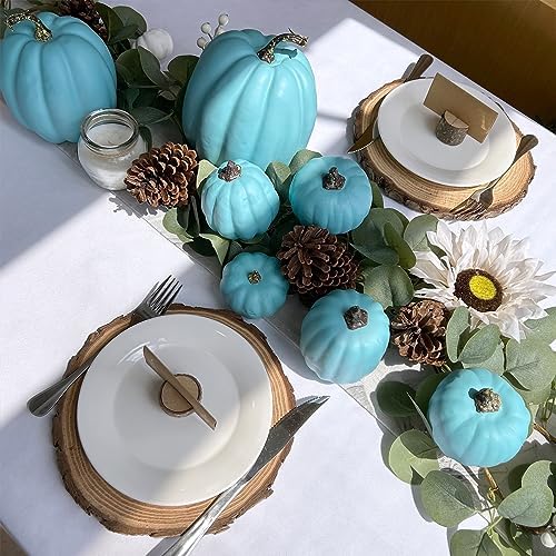 Winlyn 7 Pcs Assorted Artificial Teal Blue Pumpkins Halloween Faux Coastal Decorative Foam Pumpkins for Fall Baby Shower Thanksgiving Halloween Table Centerpiece Shelf Mantel Décor - Image 6