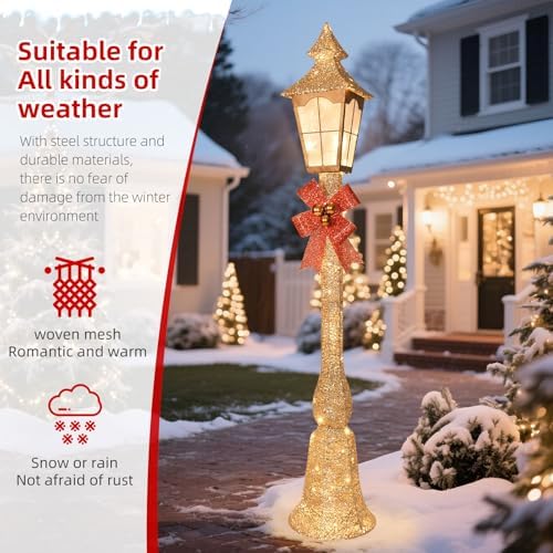 HOYECHI 5.2FT Christmas Decorations Outdoor Street Lamp, Lighted Streetlight with 55 Lights, Waterproof Yard Lawn Porch Patio Pathway, Xmas Holiday Garden Decor - Gold - Image 4