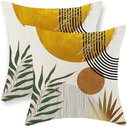 Boho Pillow Covers 18x18 Set of 2 Gold Yellow Sun Throw Pillows Summer Green Tropical Leaf Decor Mid Century Pillowcase Outdoor Decorations Bohemian Style Linen Cushion Case for Couch Home by JEFERSO