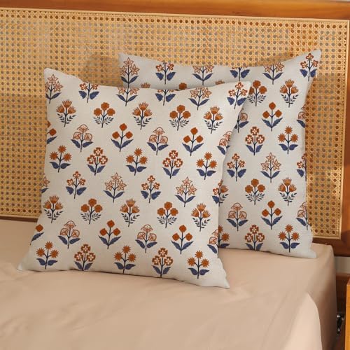 Fall Burnt Orange Blue Pillow Covers 20x20 Inch 2 Pcs Block Print Vintage Floral Decor Throw Pillows Boho Flower Summer Outdoor Seasonal Decoration Pillowcase Linen Cushion Cover for Couch Sofa - Image 2