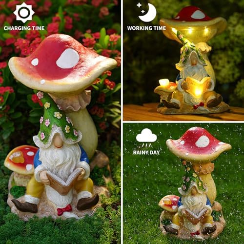 Solar Garden Outdoor Statues Gnome Reading Under Mushroom with 5 LED Lawn Decor Outside Decorations for Patio, Balcony, Yard Ornament Unique Garden Gift - Image 3