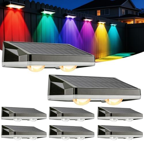 Solar Fence Lights Outdoor 8 Pack, RGB Glow LED Solar Lights Outdoor 13 Lighting Modes Solar Fence Lights IP65 Fence Light Solar Powered for Wall, Railing, Step, Patio, Pool, Backyard by Qirveo