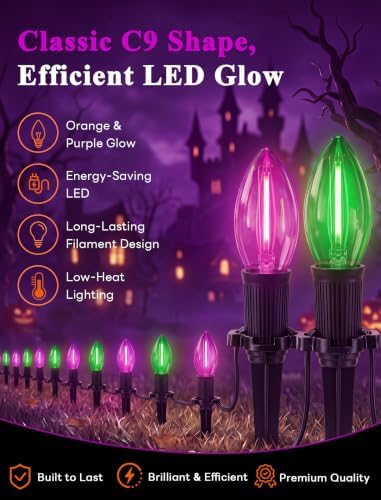 19.5FT Halloween Pathway Lights, 10 Green and Purple C9 LED Stake Lights - Image 3