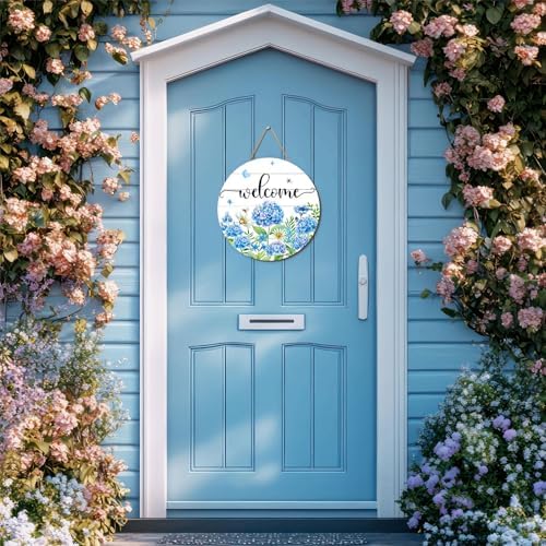 JarThenaAMCS Hydrangea Welcome Door Sign Wooden Floral Hanging Decor Spring Summer Wildflower Wreath Flower Door Hanger for Indoor Outdoor Porch Wall - Image 4