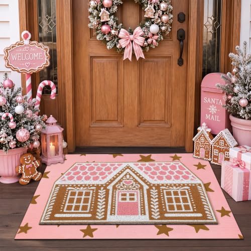 Drydiet Gingerbread Front Door Mat Non Slip Outdoor Porch Pink White by Drydiet
