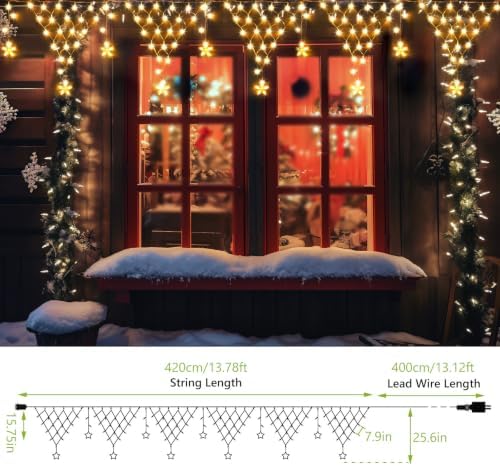 Christmas Decoration Lights 218 LED 13.8ft Star Curtain Fairy Lights with 11 Drops, Clear Wire LED String Light Decor with 8 Modes for Wedding Party Holiday Christmas Home Indoor Outdoor Decor - Image 2