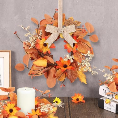 Fall Mini Wreath Set, 6 Pcs Artificial Autumn Small Wreaths with Burlap Bow Sunflower Maple Leaf Eucalyptus, Thanksgiving Harvest Hanging Wreath for Front Door Cabinet Window Home Decor - Image 2