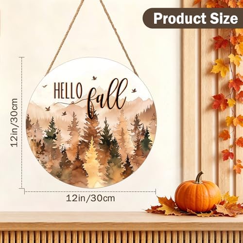 Hello Fall Wreath for Front Door Outside Autumn Thanksgiving Welcome Sign Fall Forest Trees Wood Door Hanger 12x12 Inch Rustic Farmhouse Indoor Outdoor Decor for Home Porch Wall Hanging Plaque - Image 2