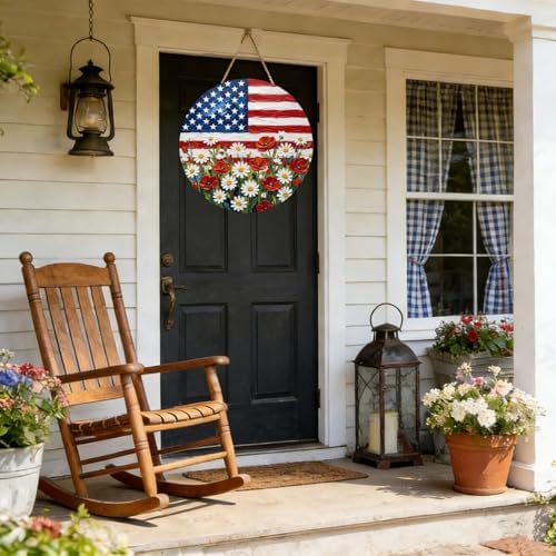 4th of July Patriotic American Flag Wooden Door Sign Round Hanging Wall Decor with Daisy Flowers Designs 2D Wood Independence Day Door Hanger Decoration for Home, Porch, Farmhouse - Image 6
