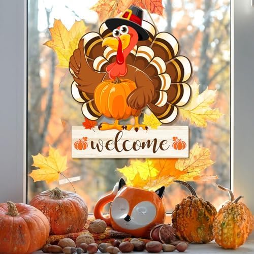 Thanksgiving Turkey Door Sign Decorations, Fall Welcome Wooden Hanging Sign, Give Thanks Wood Vintage Pumpkin Rustic Autumn Harvest Wall Plaque Wreath Hanger Decor for Home Yard Porch - Image 6