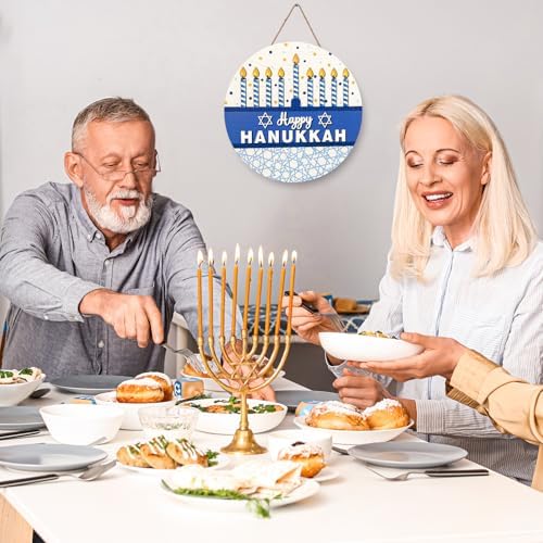 JarThenaAMCS Happy Hanukkah Welcome Door Sign Chanukah Candlestick Star Wooden Hanging Sign Blue Front Door Hanger for Indoor Outdoor Home Porch Window Decor - Image 6