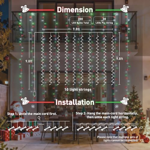 JMEXSUSS 300LED Red White and Green Christmas Curtain Lights with Remote - Image 7