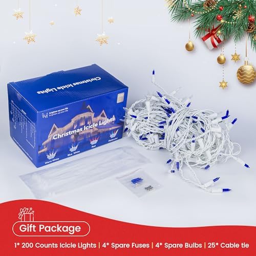 200ct Blue&Clear Mini Icicle Christmas Lights, 23 FT White Wire - Image 7