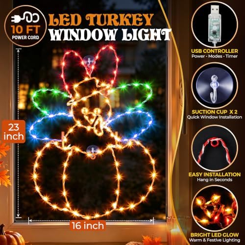 Hiboom Thanksgiving Turkey Pumpkin String Lights, Yellow Red Green, 23'' - Image 2