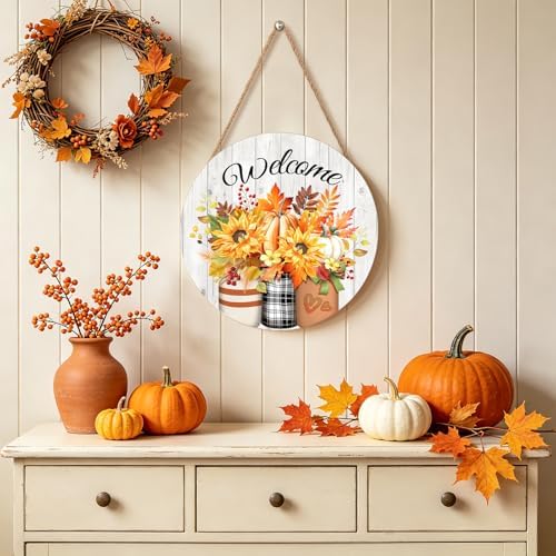 Harooni Fall Welcome Sign Door Sign 12"x12" Rustic Fall Decorations Hanging Door Sign Thanksgiving Farmhouse Welcome Round Wooden Sign for Home Front Door Wall Porch Yard Garden - Image 6