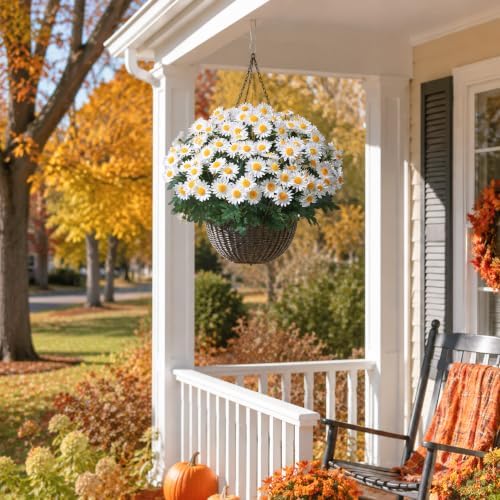 HyeFlora Artificial Fall Faux Mums Flowers Outdoor Plants for Decoration, 6 Bundles Fake Silk White Gerbera Daisy Flowers UV Resistant Look Real for Planter Outside Front Door Porch Patio Balcony - Image 4
