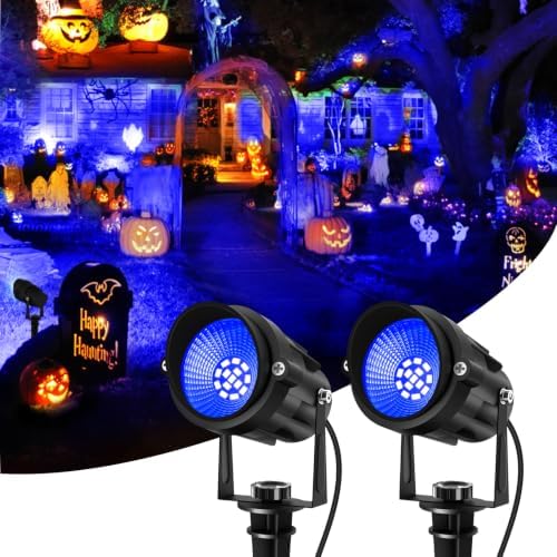 Halloween Blue Landscape Lights Outdoor, 14 LED Landscape Lighting with US Plug, IP65 Waterproof Spotlights for Tree Yard Garden Pathway Christmas Decor 2 Pack by CREPOW