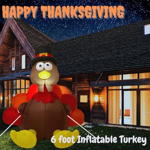 Thanksgiving 6FT Inflatable Turkey with Pilgrim Hat Yard Decoration - LED Light Up Blow Up Turkey for Outdoor Indoor Lawn Thanksgiving Yard Decorations and Autumn Holiday Family Party Display - Image 3
