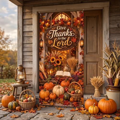 Christian Thanksgiving Door Banner, Give Thanks to The Lord Door Cover, Religious Christian Fall Harvest Front Door Decorations Porch Wall Party Photo Backdrop 70.8 x 35.4 Inch - Image 6