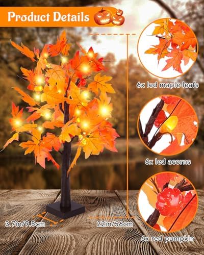 Fall Maple Tree Light 2 Pack, Fall Decorations USB & Battery Operated Light Up Artificial Pumpkins Maple Acorn Tree for Fall Halloween Thanksgiving Table Harvest Home Indoor Decoration - Image 3