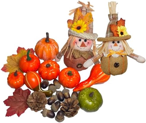 Thanksgiving Fall Decorations Set-52PCS Harvest Decor with Artificial Pumpkins,Acorns,Pinecones,Scarecrow,and Maple Leaves for Autumn Table Centerpiece,Tiered Tray,Home Decor,and Halloween Display by BEEMERIT