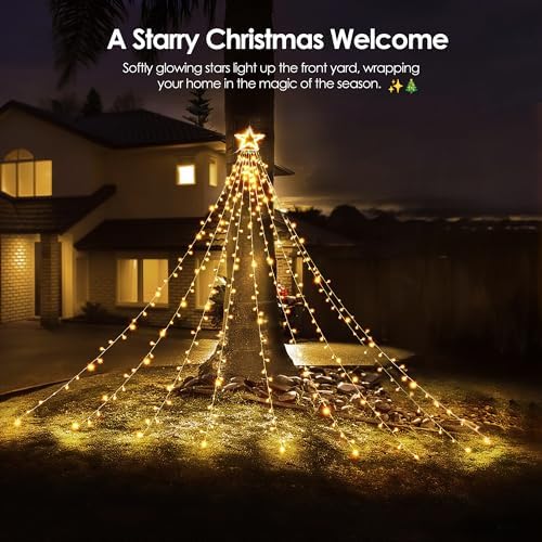 WBao 344 LED Christmas Lights Outdoor Decorations with 12" Star Topper, 11.9ft Waterfall Christmas Lights, Remote Control 8 Modes, Timer, UL Listed Waterproof for Tree Roof Porch Decor, Warm White - Image 6