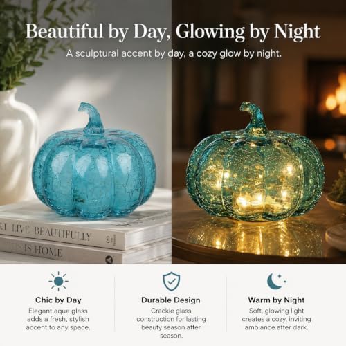 Aqua Blue Crackle Glass Pumpkin Light with Timer, 5.5 Inch - Image 4