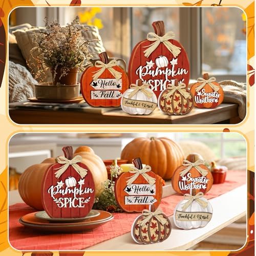 5 Pcs Hello Fall Pumpkin Decor for Home Autumn Wooden Table Centerpiece - Image 6