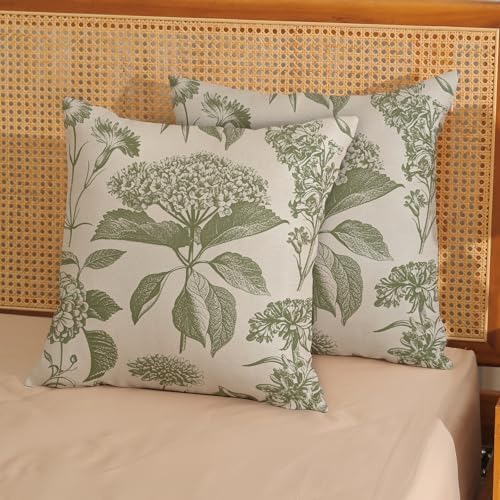 Sage Green Pillow Covers 22x22 Inch 2 Pcs Boho Vintage Floral Decor Throw Pillows Hydrangea Flower Seasonal Outdoor Farmhouse Neutral Accent Decoration Pillowcase Linen Cushion Cover for Sofa - Image 2