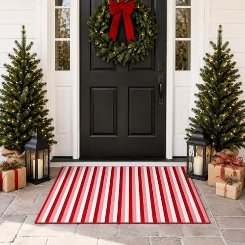 Moucuny Christmas Red Pink White Vertical Stripe Outdoor Rug 2' X 3'Doormat by Moucuny