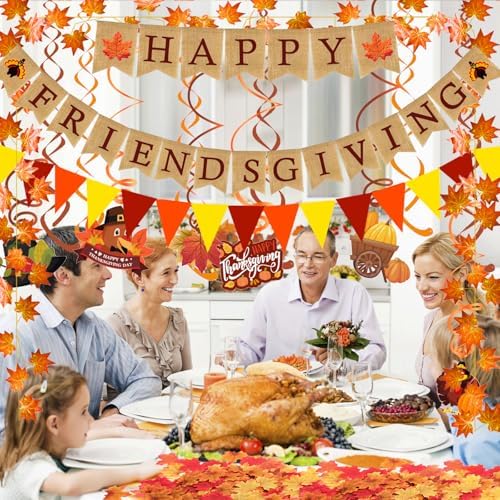 HAPPY FRIENDSGIVING Burlap Banner Paper Triangular Bunting Maple Leaf Pumpkin Turkey Garland for Thanksgiving Day Welcome Autumn harvest Party Decorations - Image 5