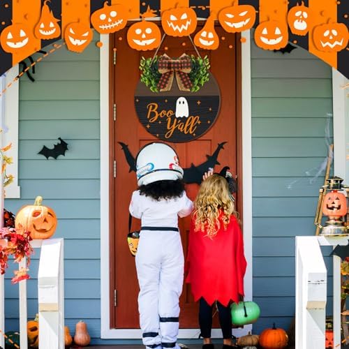Moucuny Halloween Wreath for Front Door Wooden Boo Ghost Door Sign with Bow - Image 3