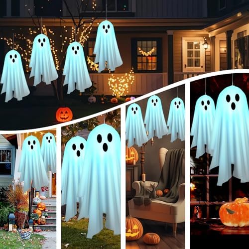Halloween Decorations Outdoor Solar Ghost Lights, 2PACKS Light up Cute Flying Ghosts, for Spooky Halloween Party Decor, Creepy Ghost Decor Light for Front Porch Yard Patio Tree, Cold Light - Image 5