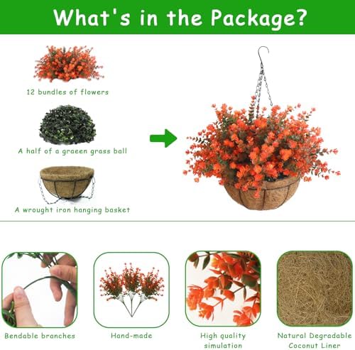 Artificial Hanging Flowers Basket, 12 UV-Resistant Bundles of Realistic Fake Flowers, Faux Plants for Outdoor Decor, Home, Garden, Porch, Patio, Spring & Summer Decorations, Orange-Green - Image 3