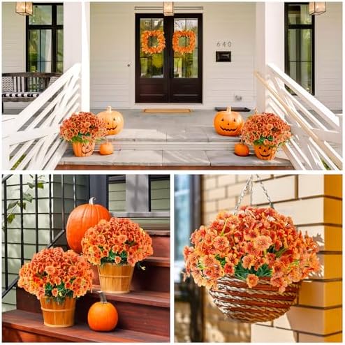 16 Bundles Artificial Mums Flowers for Outdorors, UV Protected No Fade Fall Flower for Porch Display Patio Garden Decor Autumn Thankgiving Halloween Decorations (Orange) - Image 5