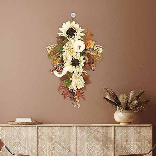 Fancyes Teardrop Wreath Garland Front Door Fall Harvest Swag Wreath Artificial Wall Swag for Outdoor and Indoor Holiday Festivals Stairs Farmhouse, 45cm - Image 2