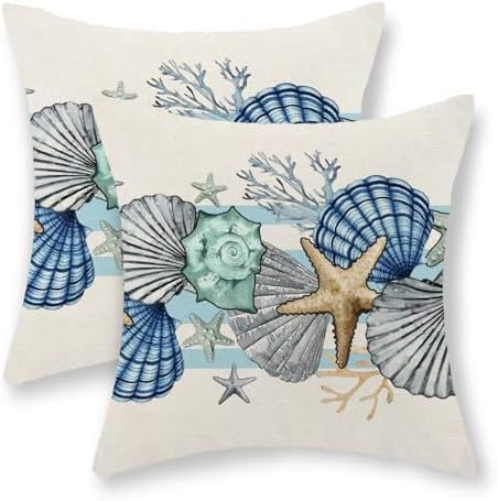 Coastal Pillow Covers 18x18 Inch Set of 2 Blue Nautical Starfish Pillow Covers Summer Outdoor Ocean Beach Coral Shell Decorative Pillow Cases Linen Square Cushion Cover Decor for Couch Home by JEFERSO