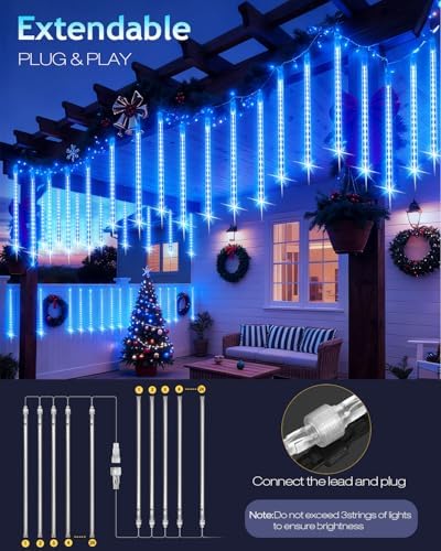 PEMOTech Christmas Lights Outdoor,24 Tubes 30cm 576 Led Meteor Shower Lights, Waterproof Christmas Decorations Icicle Light for Xmas Tree Halloween Party, Outdoor Christmas Decorations,Ul Plug,Blue - Image 4
