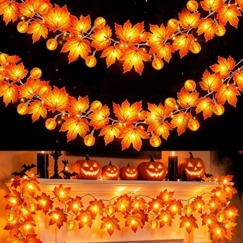 3 Pack Fall Garland with Pumpkin Lights Enlarged Maple Leaves 30Ft 60LED by TURNMEON