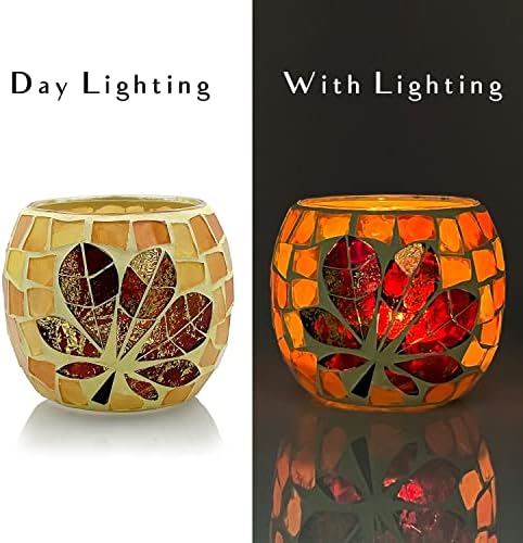 SHMILMH Fall Votive Candle Holder Set of 4, Mosaic Glass tealight Holders with Maple Leave for Halloween Thanksgiving Party Decorations - Image 5