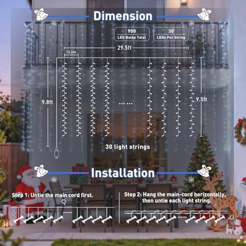 JMEXSUSS 900LED Curtain Lights, White Christmas Lights, 9.5x29.5ft - Image 6