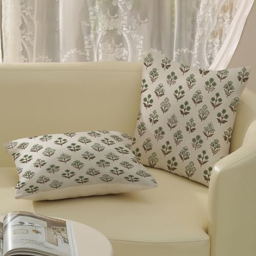 Sage Green Brown Pillow Covers 18x18 Inch 2 Pcs Block Print Vintage Floral Decor Throw Pillows Boho Flower Spring Summer Outdoor Seasonal Decoration Pillowcase Linen Cushion Cover for Couch - Image 4