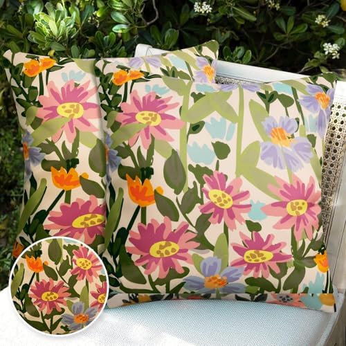Pyonic Outdoor Pillows Covers Pack of 2 Spring Floral Waterproof Throw Pillow Covers 16X16 inch Outdoor Pillows for Patio Furniture Garden Square Outside Waterproof Pillow - Image 2