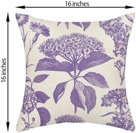 Purple Pillow Covers 16x16 Inch 2 Pcs Boho Vintage Floral Decor Throw Pillows Hydrangea Flower Seasonal Outdoor Farmhouse Neutral Accent Decoration Pillowcase Linen Cushion Cover for Sofa - Image 6