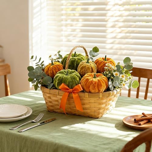 Pumpkin Decor 12pcs Halloween Artificial Pumpkins Fake Artificial Velvet Small Pumpkins for Fall Harvest, Thanksgiving, Christmas Party Decoration (Green Orange Gold) by CFDECORCandlesandHolders